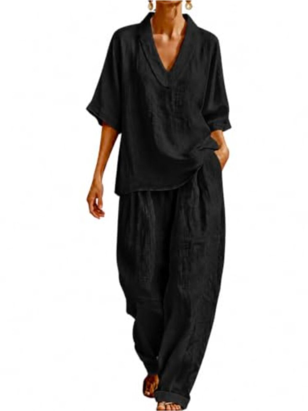 Women's 2 Piece Lounge Set Short Sleeve V Neck Top Wide Leg Pants Casual Summer